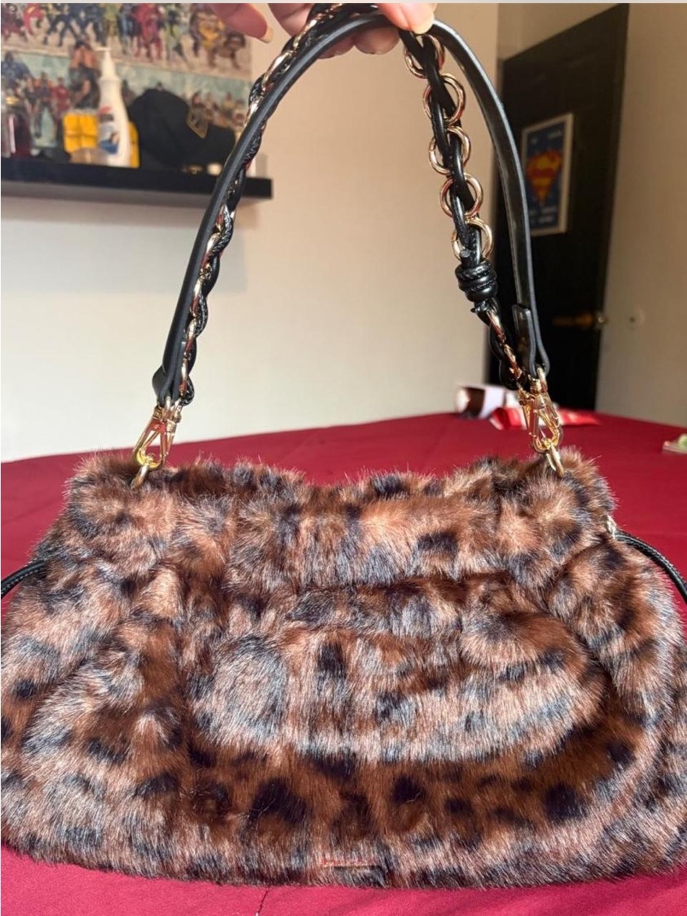 Faux Fur Leopard-Print Shoulder Bag in Brown